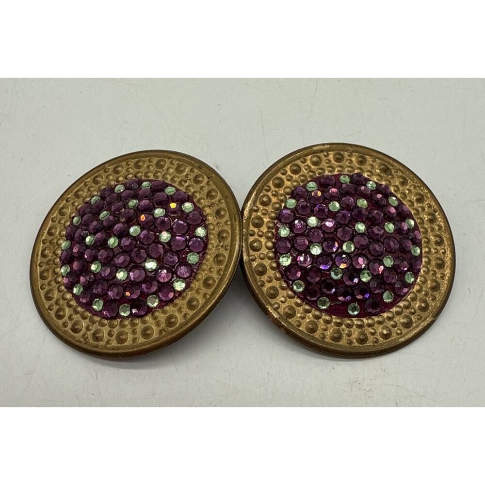 Vtg RICHARD KERR Goldtone Pave Purple Green Rhinestone Crystals Clip On Earrings